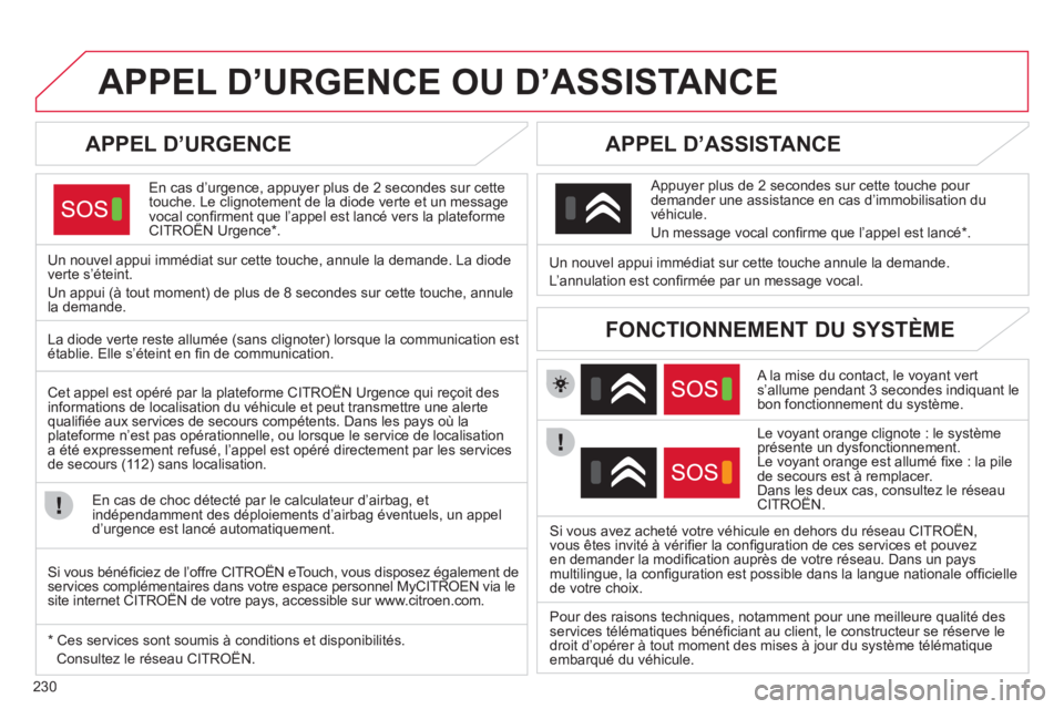 CITROEN C4 2013 Notices Demploi (in French) 230
APPEL D’URGENCE OU D’ASSISTANCE
APPEL D’URGENCE
En cas d’urgence, appuyer plus de 2 secondes sur cette
touche. Le clignotement de la diode verte et un messagevocal confi rment que l CITROEN C4 2013 Notices Demploi (in French) 230
APPEL D’URGENCE OU D’ASSISTANCE
APPEL D’URGENCE
En cas d’urgence, appuyer plus de 2 secondes sur cette
touche. Le clignotement de la diode verte et un messagevocal confi rment que l