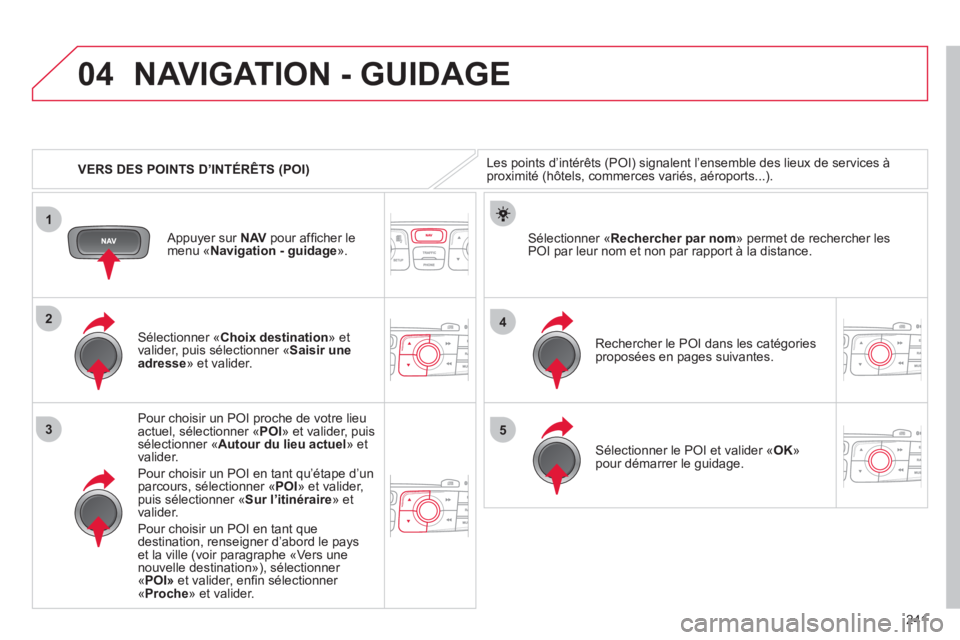 CITROEN C4 2013 Notices Demploi (in French) 241
04
1
3
4
5
2
VERS DES POINTS D’INTÉRÊTS (POI)
NAVIGATION - GUIDAGE
Les points d’intérêts (POI) signalent l’ensemble des lieux de services àproximité (hôtels, commerces variés, CITROEN C4 2013 Notices Demploi (in French) 241
04
1
3
4
5
2
VERS DES POINTS D’INTÉRÊTS (POI)
NAVIGATION - GUIDAGE
Les points d’intérêts (POI) signalent l’ensemble des lieux de services àproximité (hôtels, commerces variés,