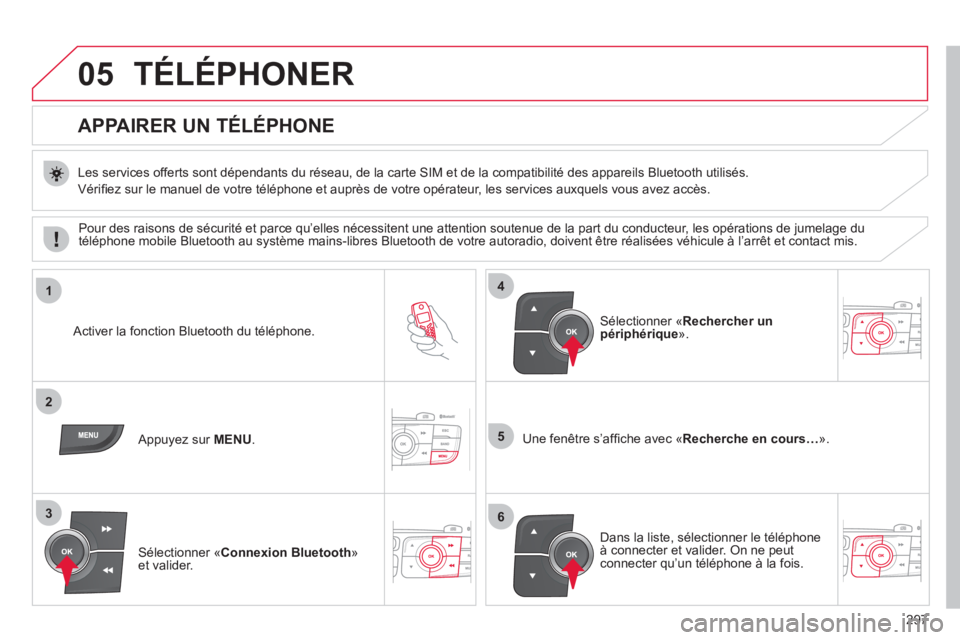 CITROEN C4 2013 Notices Demploi (in French) 297
05
1
2
5
3
4
6
TÉLÉPHONER
APPAIRER UN TÉLÉPHONE
Les services offerts sont dépendants du réseau, de la carte SIM et de la compatibilité des appareils Bluetooth utili CITROEN C4 2013 Notices Demploi (in French) 297
05
1
2
5
3
4
6
TÉLÉPHONER
APPAIRER UN TÉLÉPHONE
Les services offerts sont dépendants du réseau, de la carte SIM et de la compatibilité des appareils Bluetooth utili