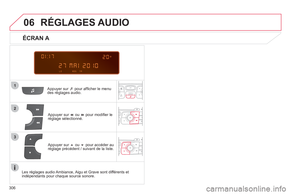 CITROEN C4 2013  Notices Demploi (in French) 306
 
  
1
06
2
3
   Appuyer sur �‘ 
 pour afﬁ cher le menu 
des rÈglages audio.  
   
Appuyer sur � 
 ou  �pour modiﬁ er le 
réglage sélectionné.  
RÉGLAGES AUDIO 
 
 
ÉCRAN A 
 
 
Appu