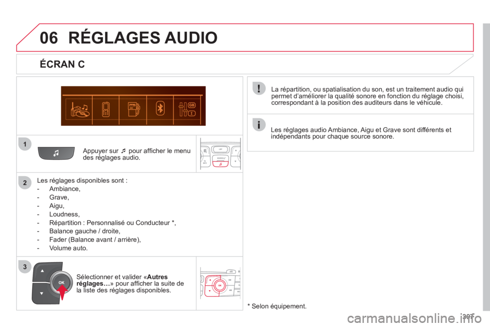 CITROEN C4 2013  Notices Demploi (in French) 307
1
2
06
3   
Appuyer sur  �‘pour afﬁ cher le menu 
des rÈglages audio.  
   
Les rÈ
glages disponibles sont :
   
 
-  
Ambiance,
 
 
-  Grave,
 
 
-  Aigu, 
   
-  Loudness, 
   
-   RÈpart
