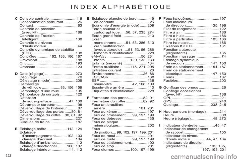 CITROEN C4 2013 Notices Demploi (in French) 322
INDEX ALPHABÉTIQUE
C Console centrale ........................ 116
Consommation carburant .............26
Contact .........................................83
Contrôle de pression
(avec kit CITROEN C4 2013 Notices Demploi (in French) 322
INDEX ALPHABÉTIQUE
C Console centrale ........................ 116
Consommation carburant .............26
Contact .........................................83
Contrôle de pression
(avec kit