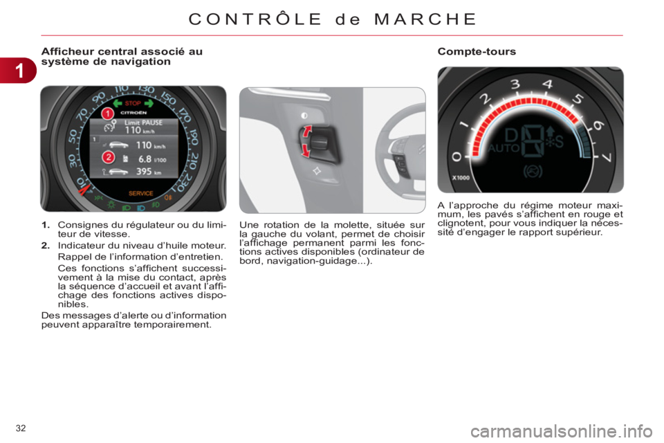 CITROEN C4 2013  Notices Demploi (in French) 1
CONTRÔLE de MARCHE
32 
   
 
1. 
  Consignes du régulateur ou du limi-
teur de vitesse. 
   
2. 
  Indicateur du niveau d’huile moteur.  
  Rappel de l’information d’entretien.  
  Ces fonct