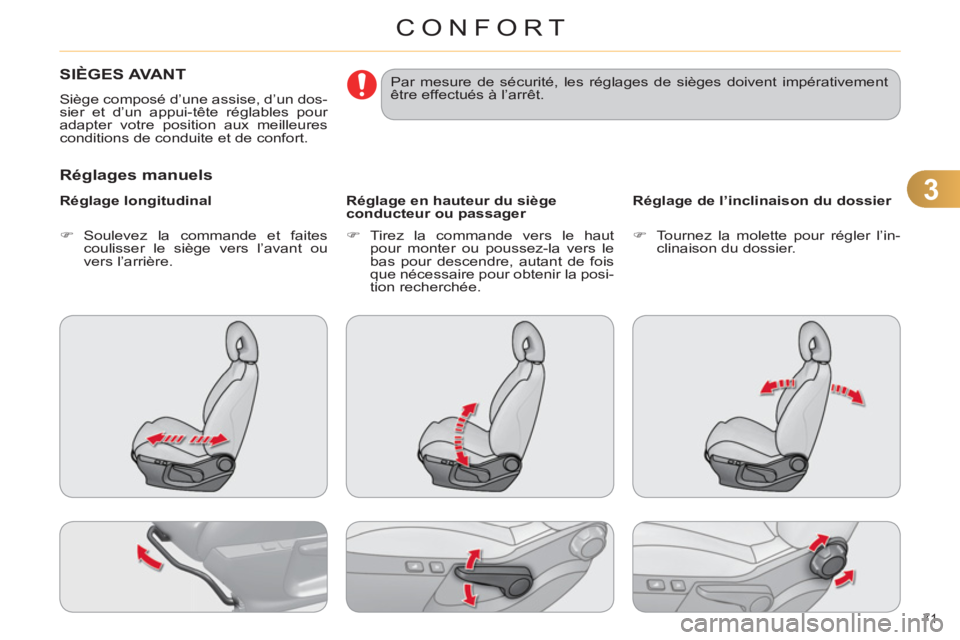CITROEN C4 2013 Notices Demploi (in French) 3
CONFORT
71
SIÈGES AVANT
Siège composé d’une assise, d’un dos-
sier et d’un appui-tête réglables pour
adapter votre position aux meilleures
conditions de conduite et de confort.
CITROEN C4 2013 Notices Demploi (in French) 3
CONFORT
71
SIÈGES AVANT
Siège composé d’une assise, d’un dos-
sier et d’un appui-tête réglables pour
adapter votre position aux meilleures
conditions de conduite et de confort.