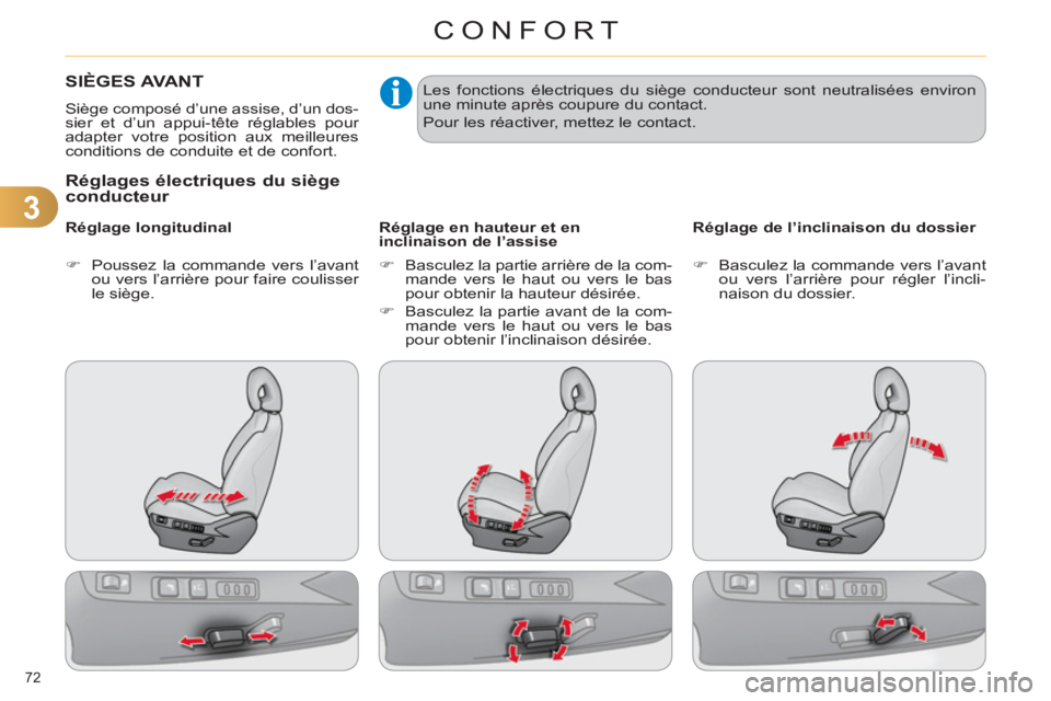 CITROEN C4 2013 Notices Demploi (in French) 3
CONFORT
72
SIÈGES AVANT
Siège composé d’une assise, d’un dos-
sier et d’un appui-tête réglables pour
adapter votre position aux meilleures
conditions de conduite et de confort.
CITROEN C4 2013 Notices Demploi (in French) 3
CONFORT
72
SIÈGES AVANT
Siège composé d’une assise, d’un dos-
sier et d’un appui-tête réglables pour
adapter votre position aux meilleures
conditions de conduite et de confort.