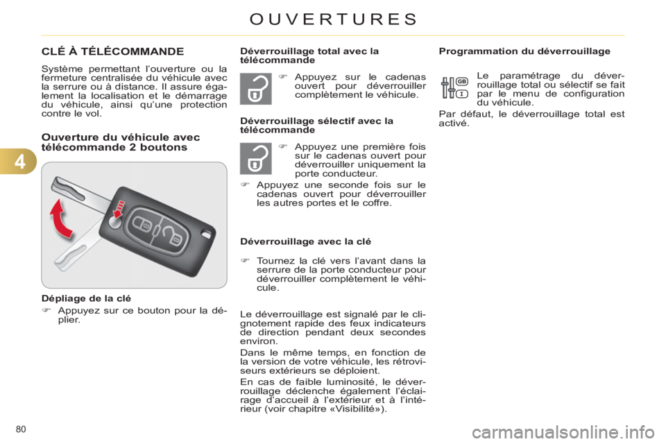 CITROEN C4 2013 Notices Demploi (in French) 4
OUVERTURES
80
CLÉ À TÉLÉCOMMANDE
Système permettant l’ouverture ou la
fermeture centralisée du véhicule avec
la serrure ou à distance. Il assure éga-
lement la localisation et le dé CITROEN C4 2013 Notices Demploi (in French) 4
OUVERTURES
80
CLÉ À TÉLÉCOMMANDE
Système permettant l’ouverture ou la
fermeture centralisée du véhicule avec
la serrure ou à distance. Il assure éga-
lement la localisation et le dé