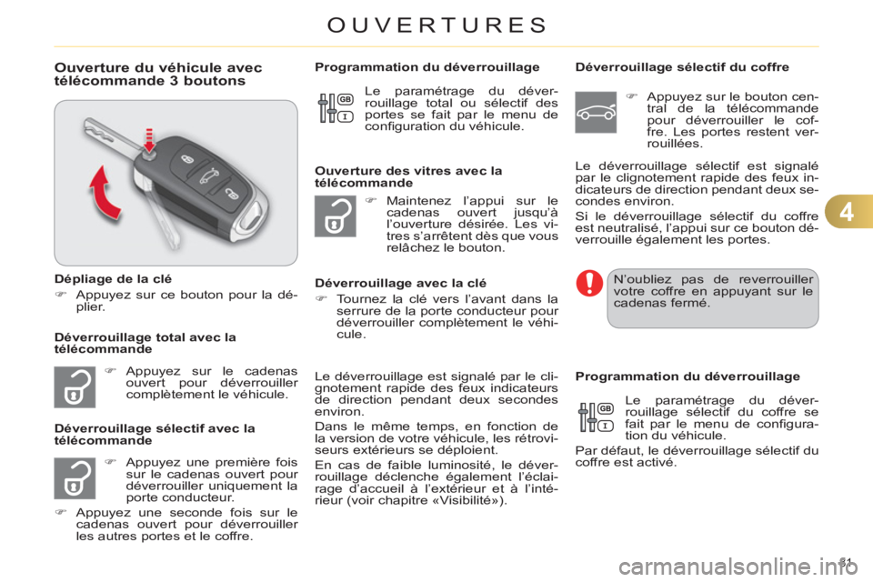 CITROEN C4 2013  Notices Demploi (in French) 4
OUVERTURES
81 
Ouverture du véhicule avec 
télécommande 3 boutons
   
Dépliage de la clé 
   
 
�) 
  Appuyez sur ce bouton pour la dé-
plier.  
 
   
 
�) 
 Appuyez sur le cadenas 
ouvert pou