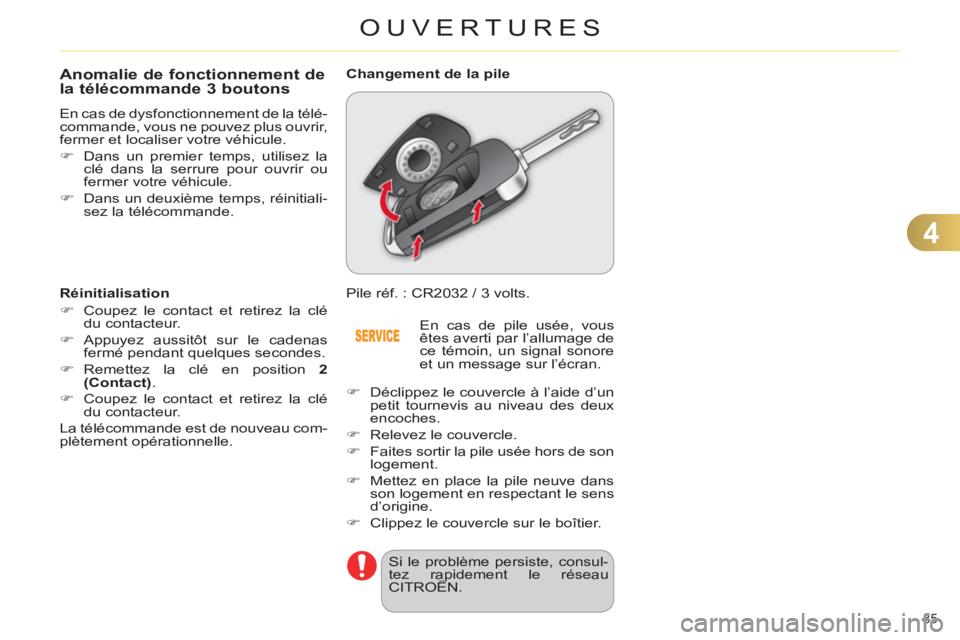 CITROEN C4 2013  Notices Demploi (in French) 4
OUVERTURES
85 
Anomalie de fonctionnement dela télécommande 3 boutons 
  En cas de dysfonctionnement de la télé-
commande, vous ne pouvez plus ouvrir, 
fermer et localiser votre véhicule. 
   
