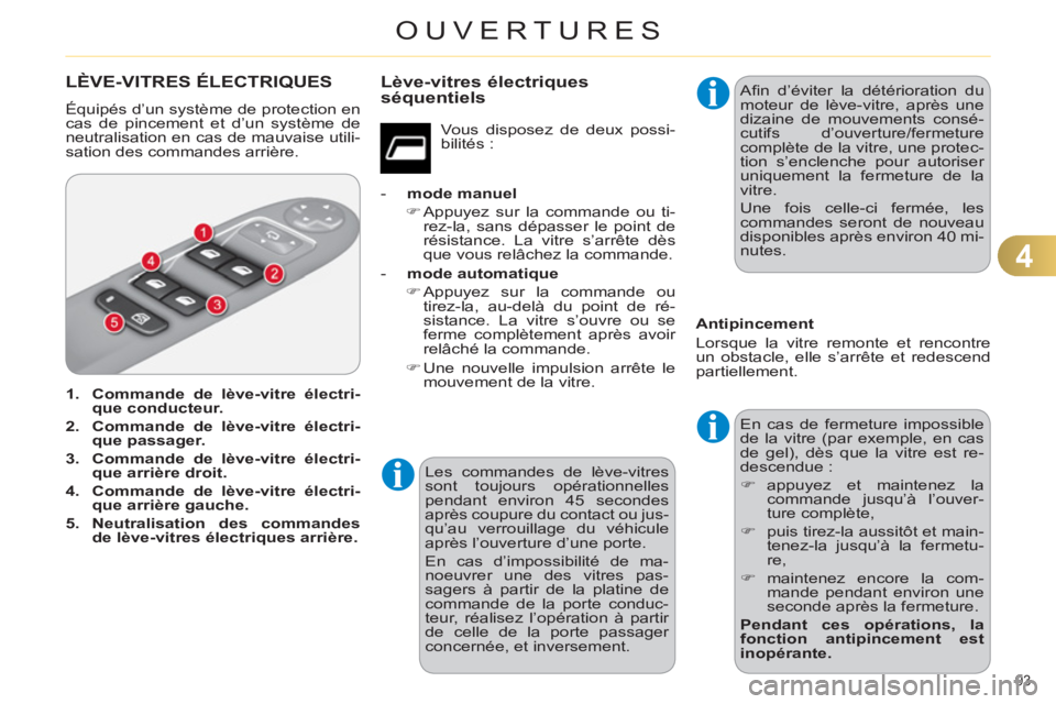 CITROEN C4 2013  Notices Demploi (in French) 4
OUVERTURES
93 
LÈVE-VITRES ÉLECTRIQUES
  Équipés d’un système de protection en 
cas de pincement et d’un système de 
neutralisation en cas de mauvaise utili-
sation des commandes arrière.