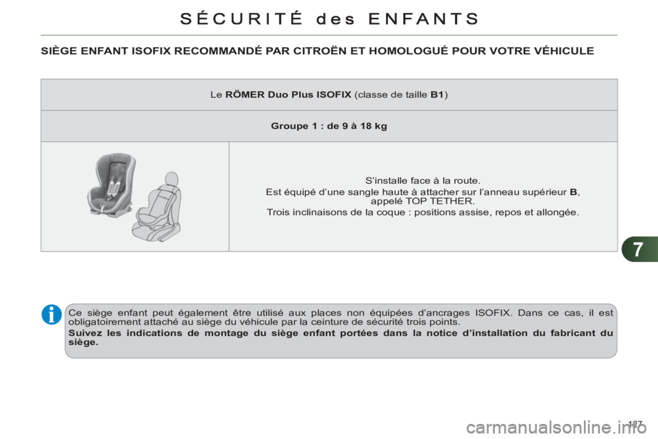 CITROEN C4 2011  Notices Demploi (in French) 7
127 
SIÈGE ENFANT ISOFIX RECOMMANDÉ PAR CITROËN ET HOMOLOGUÉ POUR VOTRE VÉHICULE 
   
Le  RÖMER Duo Plus ISOFIX 
 (classe de taille  B1 
)  
   
 
Groupe 1 : de 9 à 18 kg 
 
 
   
S’install