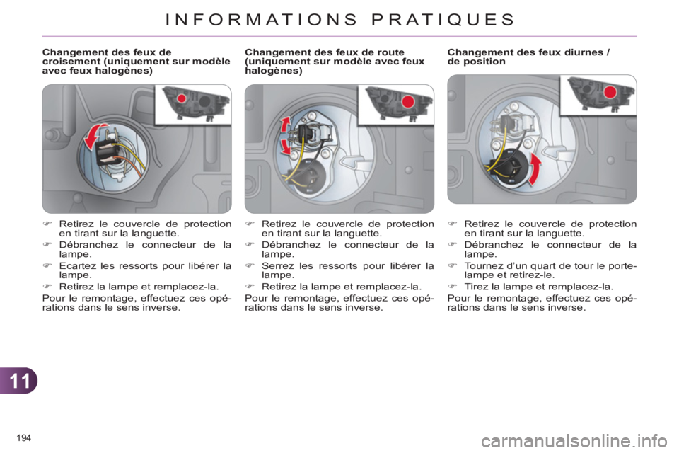 CITROEN C4 2011  Notices Demploi (in French) 11
INFORMATIONS PRATIQUES
194 
   
 
 
 
 
 
 
 
 
 
Changement des feux de 
croisement (uniquement sur modèle 
avec feux halogènes)    
 
 
 
 
 
 
 
 
 
Changement des feux diurnes / 
de position 