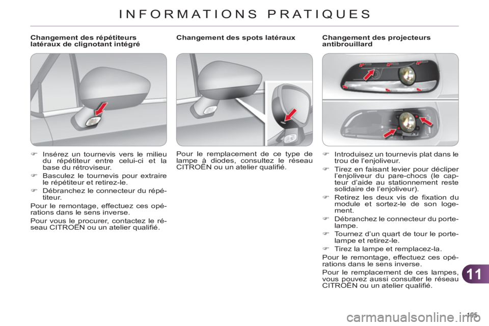 CITROEN C4 2011  Notices Demploi (in French) 11
INFORMATIONS PRATIQUES
195 
   
 
�) 
  Introduisez un tournevis plat dans le 
trou de l’enjoliveur. 
   
�) 
  Tirez en faisant levier pour décliper 
l’enjoliveur du pare-chocs (le cap-
teur 