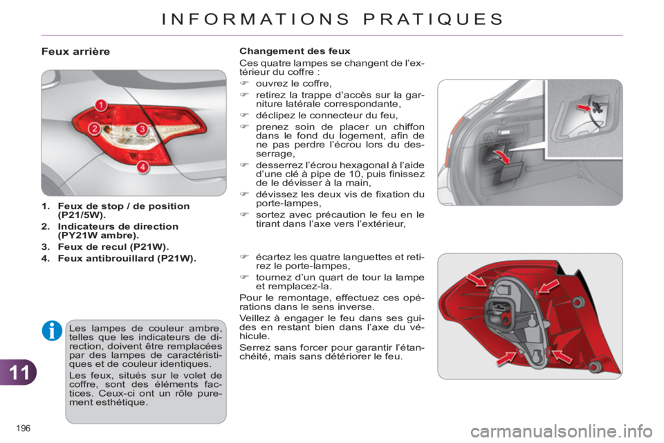 CITROEN C4 2011  Notices Demploi (in French) 11
INFORMATIONS PRATIQUES
196 
Feux arrière 
   
 
1. 
  Feux de stop / de position 
(P21/5W). 
 
   
2. 
  Indicateurs de direction 
(PY21W ambre). 
 
   
3. 
  Feux de recul (P21W). 
 
   
4. 
  Fe