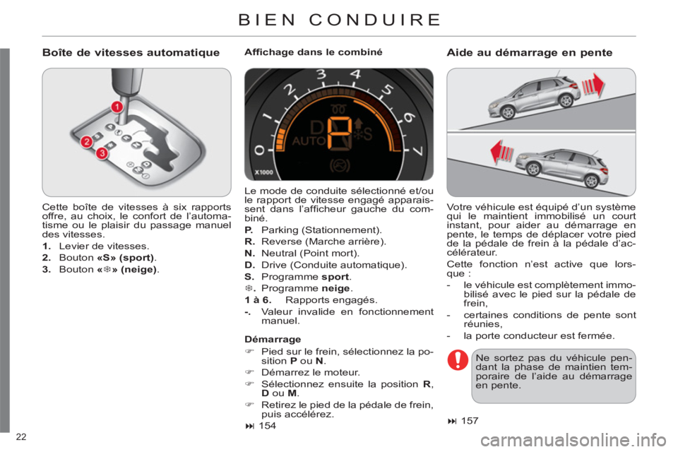 CITROEN C4 2011 Notices Demploi (in French) 22
BIEN CONDUIRE
Boîte de vitesses automatique
Cette boîte de vitesses à six rapports
offre, au choix, le confort de l’automa-
tisme ou le plaisir du passage manuel
des vitesses.
CITROEN C4 2011 Notices Demploi (in French) 22
BIEN CONDUIRE
Boîte de vitesses automatique
Cette boîte de vitesses à six rapports
offre, au choix, le confort de l’automa-
tisme ou le plaisir du passage manuel
des vitesses.