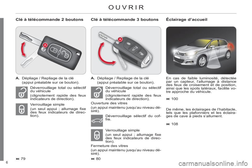 CITROEN C4 2011  Notices Demploi (in French) 6 
 OUVRIR
   
Clé à télécommande 2 boutons    
Clé à télécommande 3 boutons Éclairage d’accueil 
 
 
 
A. 
  Dépliage / Repliage de la clé  
  (appui préalable sur ce bouton).  
   
 
�