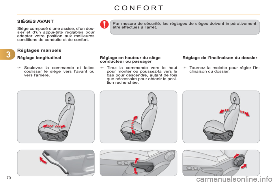 CITROEN C4 2011 Notices Demploi (in French) 3
CONFORT
70
SIÈGES AVANT
Siège composé d’une assise, d’un dos-
sier et d’un appui-tête réglables pour
adapter votre position aux meilleures
conditions de conduite et de confort.
CITROEN C4 2011 Notices Demploi (in French) 3
CONFORT
70
SIÈGES AVANT
Siège composé d’une assise, d’un dos-
sier et d’un appui-tête réglables pour
adapter votre position aux meilleures
conditions de conduite et de confort.