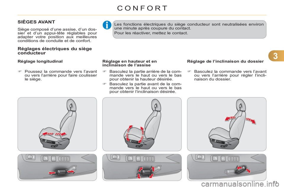 CITROEN C4 2011 Notices Demploi (in French) 3
CONFORT
71
SIÈGES AVANT
Siège composé d’une assise, d’un dos-
sier et d’un appui-tête réglables pour
adapter votre position aux meilleures
conditions de conduite et de confort.
CITROEN C4 2011 Notices Demploi (in French) 3
CONFORT
71
SIÈGES AVANT
Siège composé d’une assise, d’un dos-
sier et d’un appui-tête réglables pour
adapter votre position aux meilleures
conditions de conduite et de confort.