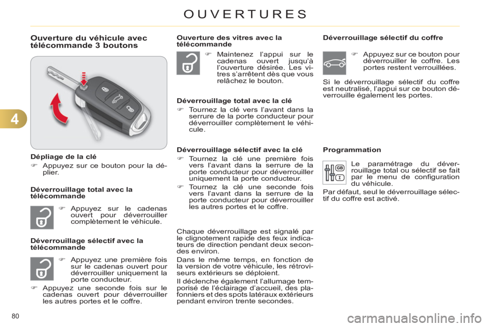 CITROEN C4 2011  Notices Demploi (in French) 4
OUVERTURES
80 
Ouverture du véhicule avec 
télécommande 3 boutons
   
Dépliage de la clé 
   
 
�) 
  Appuyez sur ce bouton pour la dé-
plier.  
 
   
 
�) 
 Appuyez sur le cadenas 
ouvert pou