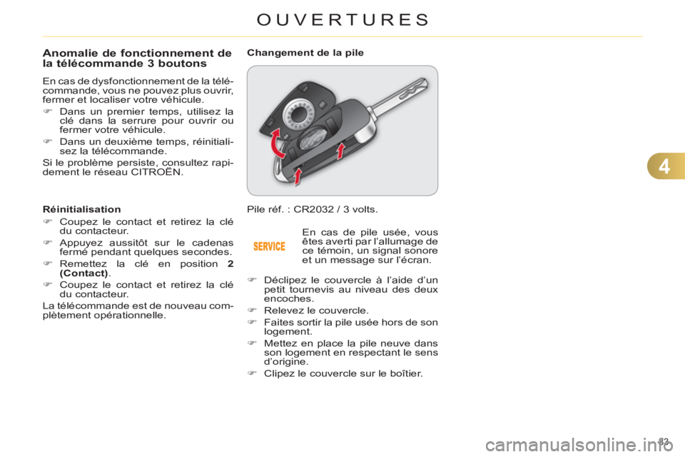 CITROEN C4 2011  Notices Demploi (in French) 4
OUVERTURES
83 
Anomalie de fonctionnement dela télécommande 3 boutons 
  En cas de dysfonctionnement de la télé-
commande, vous ne pouvez plus ouvrir, 
fermer et localiser votre véhicule. 
   
