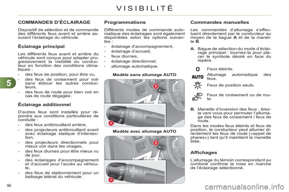 CITROEN C4 2011  Notices Demploi (in French) 5
VISIBILITÉ
96 
COMMANDES D’ÉCLAIRAGE 
  Dispositif de sélection et de commande 
des différents feux avant et arrière as-
surant l’éclairage du véhicule. 
   
Éclairage principal 
 
Les d