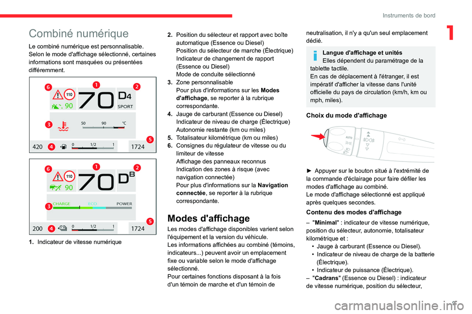 CITROEN C4 2021 Notices Demploi (in French) 9
Instruments de bord
1Combiné numérique
Le combiné numérique est personnalisable.
Selon le mode d'affichage sélectionné, certaines
informations sont masquées ou présentées
différemmen CITROEN C4 2021 Notices Demploi (in French) 9
Instruments de bord
1Combiné numérique
Le combiné numérique est personnalisable.
Selon le mode d'affichage sélectionné, certaines
informations sont masquées ou présentées
différemmen