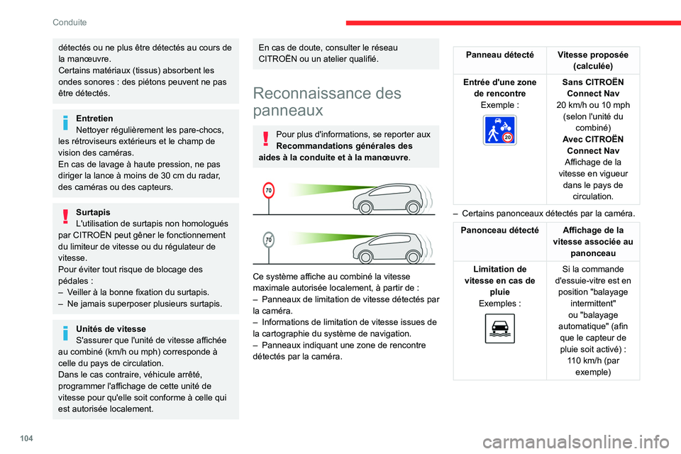 CITROEN C4 2021  Notices Demploi (in French) 104
Conduite
détectés ou ne plus être détectés au cours de 
la manœuvre.
Certains matériaux (tissus) absorbent les 
ondes sonores  : des piétons peuvent ne pas 
être détectés.
Entretien
Net