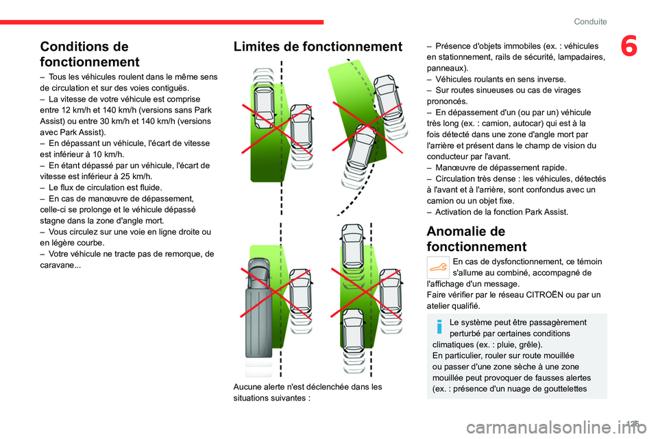 CITROEN C4 2021 Notices Demploi (in French) 125
Conduite
6Conditions de
fonctionnement
– Tous les véhicules roulent dans le même sens
de circulation et sur des voies contiguës.
–
La vitesse de votre véhicule est comprise
entre 12
CITROEN C4 2021 Notices Demploi (in French) 125
Conduite
6Conditions de
fonctionnement
– Tous les véhicules roulent dans le même sens
de circulation et sur des voies contiguës.
–
La vitesse de votre véhicule est comprise
entre 12