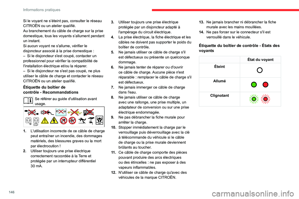 CITROEN C4 2021 Notices Demploi (in French) 146
Informations pratiques
Si le voyant ne s’éteint pas, consulter le réseau
CITROËN ou un atelier qualifié.
Au branchement du câble de charge sur la prise
domestique, tous les voyants s’al CITROEN C4 2021 Notices Demploi (in French) 146
Informations pratiques
Si le voyant ne s’éteint pas, consulter le réseau
CITROËN ou un atelier qualifié.
Au branchement du câble de charge sur la prise
domestique, tous les voyants s’al