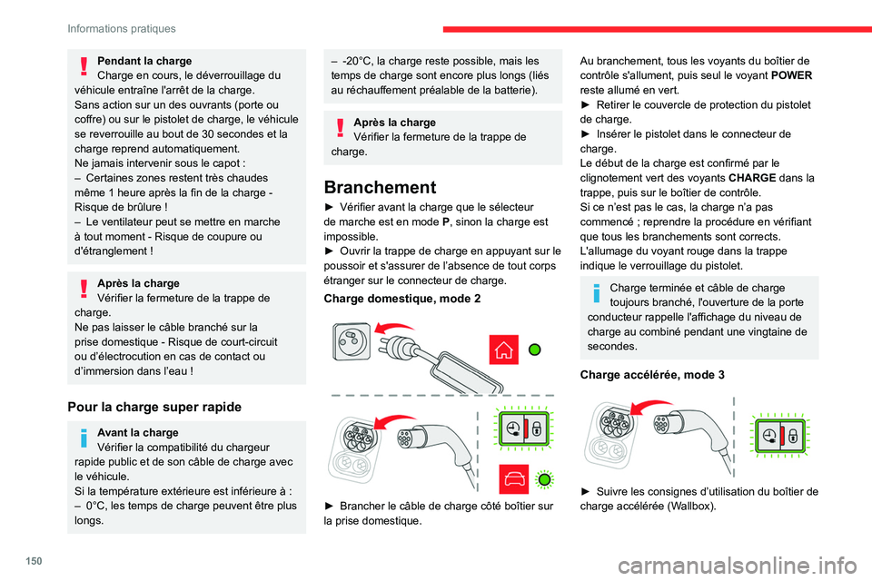 CITROEN C4 2021 Notices Demploi (in French) 150
Informations pratiques
Pendant la charge
Charge en cours, le déverrouillage du
véhicule entraîne l'arrêt de la charge.
Sans action sur un des ouvrants (porte ou
coffre) ou sur le pistole CITROEN C4 2021 Notices Demploi (in French) 150
Informations pratiques
Pendant la charge
Charge en cours, le déverrouillage du
véhicule entraîne l'arrêt de la charge.
Sans action sur un des ouvrants (porte ou
coffre) ou sur le pistole