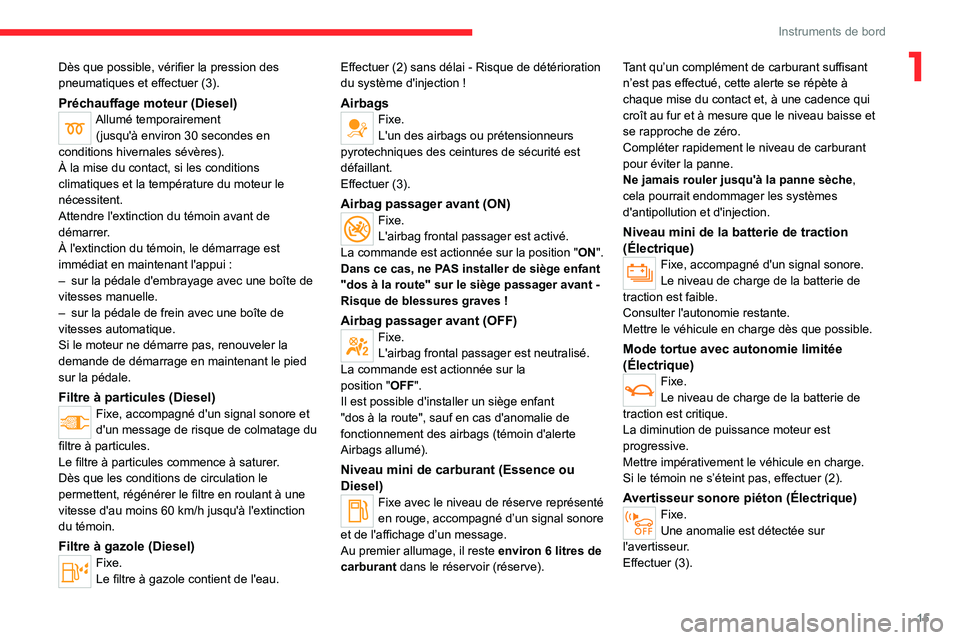 CITROEN C4 2021 Notices Demploi (in French) 15
Instruments de bord
1Dès que possible, vérifier la pression des
pneumatiques et effectuer (3).
Préchauffage moteur (Diesel)Allumé temporairement(jusqu'à environ 30 secondes en
conditi CITROEN C4 2021 Notices Demploi (in French) 15
Instruments de bord
1Dès que possible, vérifier la pression des
pneumatiques et effectuer (3).
Préchauffage moteur (Diesel)Allumé temporairement(jusqu'à environ 30 secondes en
conditi