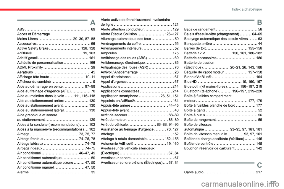 CITROEN C4 2021  Notices Demploi (in French) 227
Index alphabétique
A
ABS    69
Accès et Démarrage   
Mains-Libres
    
29–30, 87–88
Accessoires
    
66
Active Safety Brake
    
126, 128
AdBlue®
    
19, 163
Additif gasoil
    
161
Adhé