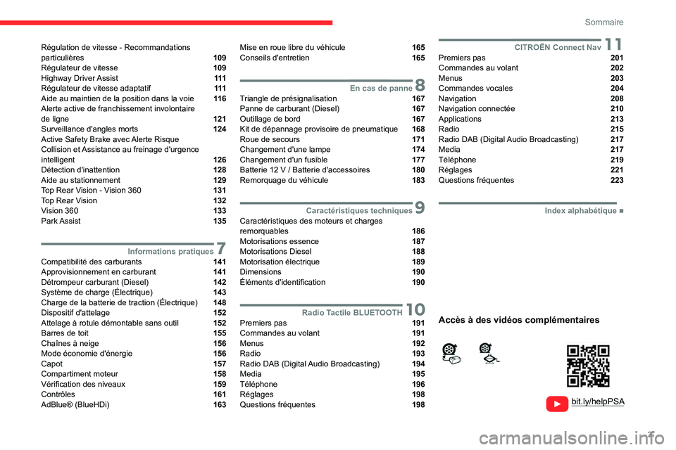 CITROEN C4 2021 Notices Demploi (in French) 3
Sommaire
Régulation de vitesse - Recommandations
particulières 109
Régulateur de vitesse 109
Highway Driver Assist 111
Régulateur de vitesse adaptatif 111
Aide au maintien de CITROEN C4 2021 Notices Demploi (in French) 3
Sommaire
Régulation de vitesse - Recommandations
particulières 109
Régulateur de vitesse 109
Highway Driver Assist 111
Régulateur de vitesse adaptatif 111
Aide au maintien de