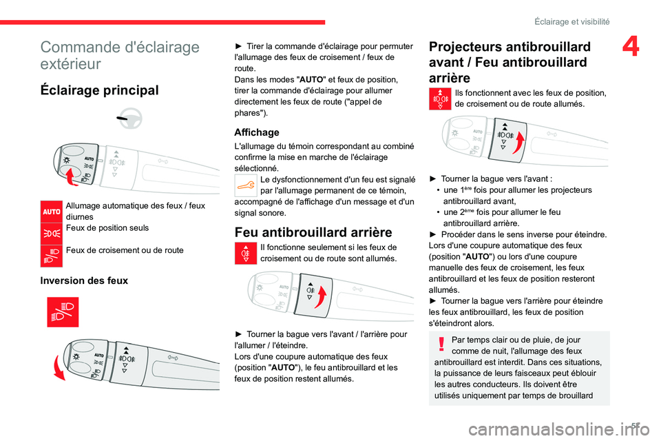 CITROEN C4 2021  Notices Demploi (in French) 57
Éclairage et visibilité
4Commande d'éclairage 
extérieur
Éclairage principal 
 
 
 
Allumage automatique des feux / feux 
diurnes
Feux de position seuls 
Feux de croisement ou de route 
In