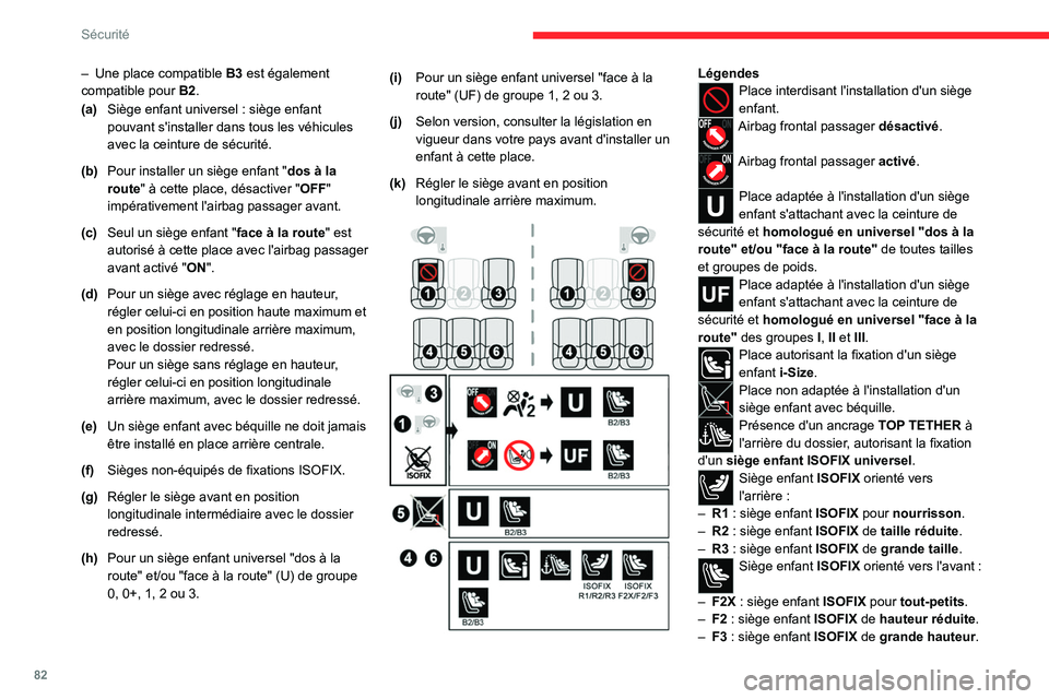 CITROEN C4 2021 Notices Demploi (in French) 82
Sécurité
– Une place compatible B3 est également
compatible pour B2.
(a) Siège enfant universel
: siège enfant
pouvant s'installer dans tous les véhicules
avec la ceinture de sé CITROEN C4 2021 Notices Demploi (in French) 82
Sécurité
– Une place compatible B3 est également
compatible pour B2.
(a) Siège enfant universel
: siège enfant
pouvant s'installer dans tous les véhicules
avec la ceinture de sé