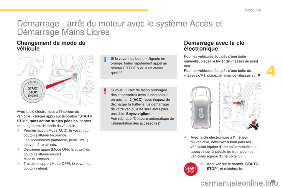 CITROEN C4 AIRCROSS 2016 Notices Demploi (in French) 99
Changement de mode du
véhicule
avec la clé électronique à l'intérieur du
véhicule ; chaque appui sur le bouton " S TA R T/
STOP ", sans action sur les pédales , permet
le cha CITROEN C4 AIRCROSS 2016 Notices Demploi (in French) 99
Changement de mode du
véhicule
avec la clé électronique à l'intérieur du
véhicule ; chaque appui sur le bouton " S TA R T/
STOP ", sans action sur les pédales , permet
le cha
