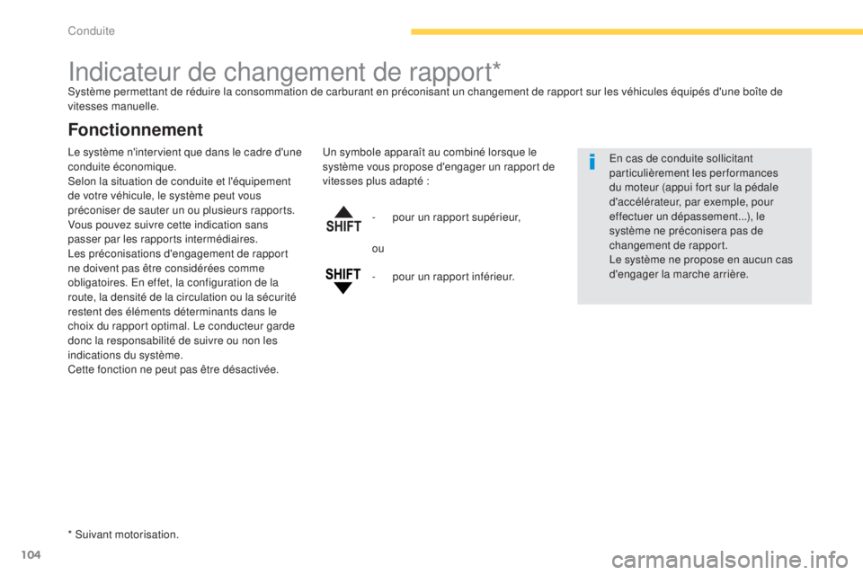 CITROEN C4 AIRCROSS 2016 Notices Demploi (in French) 104
indicateur de changement de rapport*système permettant de réduire la consommation de carburant en préconisant un changement de rapport sur les véhicules équipés d'une boîte de
vitesses CITROEN C4 AIRCROSS 2016 Notices Demploi (in French) 104
indicateur de changement de rapport*système permettant de réduire la consommation de carburant en préconisant un changement de rapport sur les véhicules équipés d'une boîte de
vitesses