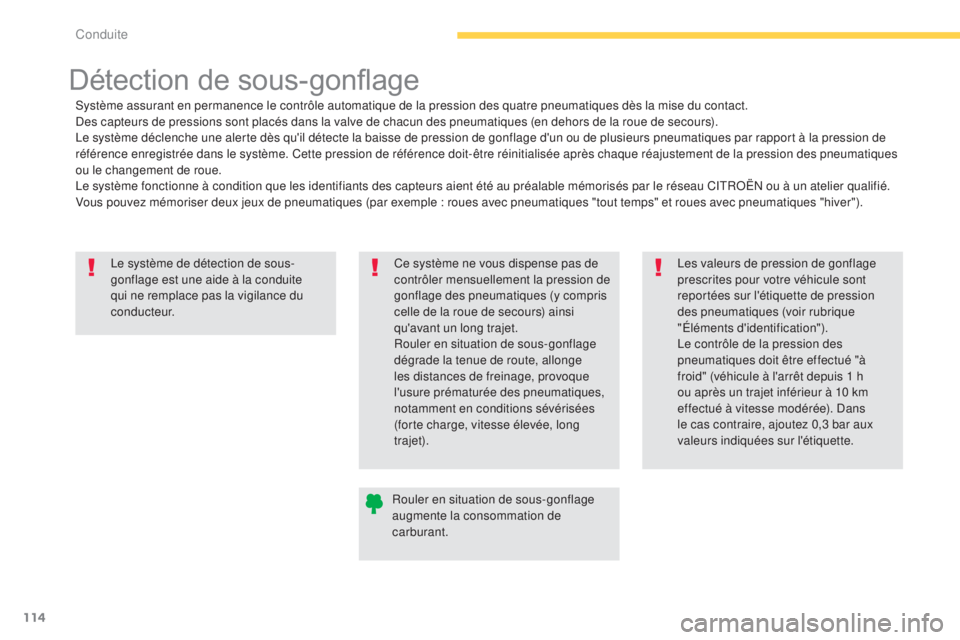 CITROEN C4 AIRCROSS 2016 Notices Demploi (in French) 114
le système de détection de sous-
gonflage est une aide à la conduite
qui ne remplace pas la vigilance du
c o n d u c t e u r.
Détection de sous-gonflage
système assurant en permanence le co CITROEN C4 AIRCROSS 2016 Notices Demploi (in French) 114
le système de détection de sous-
gonflage est une aide à la conduite
qui ne remplace pas la vigilance du
c o n d u c t e u r.
Détection de sous-gonflage
système assurant en permanence le co