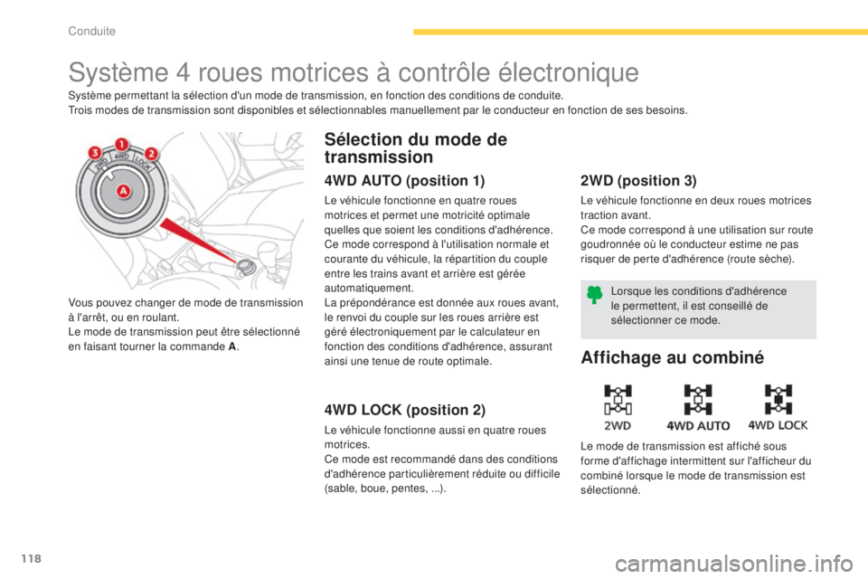 CITROEN C4 AIRCROSS 2016  Notices Demploi (in French) 118
système 4 roues motrices à contrôle électronique
système permettant la sélection d'un mode de transmission, en fonction des conditions de conduite.trois modes de transmission sont dispon