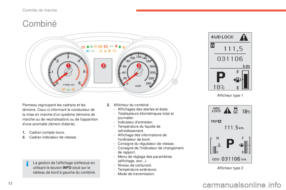 CITROEN C4 AIRCROSS 2016  Notices Demploi (in French) 12
Combiné
1. Cadran compte-tours.
2. Cadran indicateur de vitesse.
af

ficheur type 2
3.
 

a
f
 ficheur du combiné :
-   a
f
 fichages des alertes et états.
-   t
o
 talisateurs kilométriques to