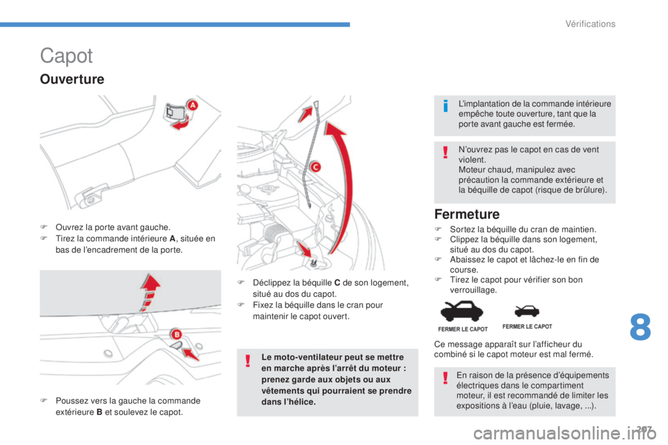CITROEN C4 AIRCROSS 2016 Notices Demploi (in French) 207
Capot
F ouvrez la porte avant gauche.
F ti rez la commande intérieure A , située en
bas de l’encadrement de la porte.
n’
ouvrez pas le capot en cas de vent
violent.
Moteur chaud, manipu CITROEN C4 AIRCROSS 2016 Notices Demploi (in French) 207
Capot
F ouvrez la porte avant gauche.
F ti rez la commande intérieure A , située en
bas de l’encadrement de la porte.
n’
ouvrez pas le capot en cas de vent
violent.
Moteur chaud, manipu
