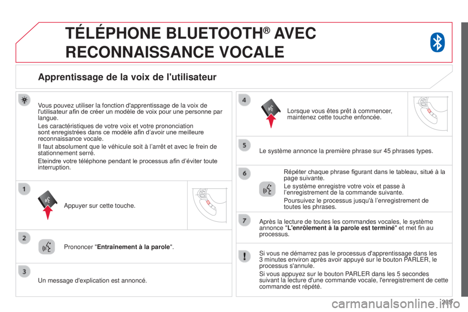 CITROEN C4 AIRCROSS 2016  Notices Demploi (in French) 239
TÉLÉPHONE BLUETOOTH® AVEC 
RECONNAISSANCE

 
VOCALE
Apprentissage de la voix de l'utilisateur
Vous pouvez utiliser la fonction d'apprentissage de la voix de 
l'utilisateur afin de c