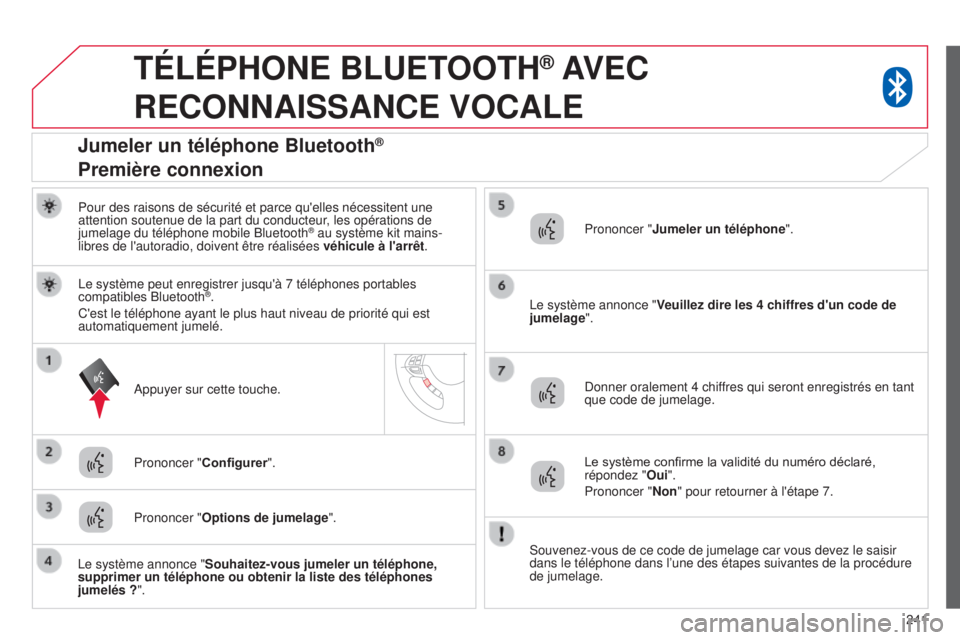 CITROEN C4 AIRCROSS 2016  Notices Demploi (in French) 241
TÉLÉPHONE BLUETOOTH® AVEC 
RECONNAISSANCE

 
VOCALE
Pour des raisons de sécurité et parce qu'elles nécessitent une \
attention soutenue de la part du conducteur, les opérations de 
jum