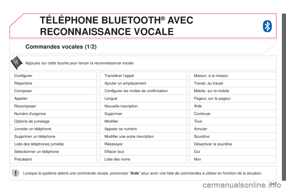 CITROEN C4 AIRCROSS 2016  Notices Demploi (in French) 247
Commandes vocales (1/2)
Configurer
Répertoire
Composer
a
ppeler
Recomposer
n

uméro d'urgence
o

ptions de jumelage
Jumeler un téléphone
s

upprimer un téléphone
l

iste des téléphones