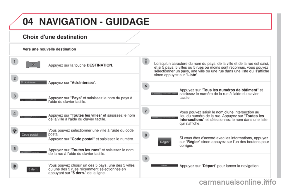 CITROEN C4 AIRCROSS 2016  Notices Demploi (in French) 04
267
a

ppuyez sur la touche 
DESTINATION.
Vers une nouvelle destination
Choix d'une destination
appuyez sur "Adr/Intersec".
a

ppuyez sur "Pays" et saisissez le nom du pays à 
