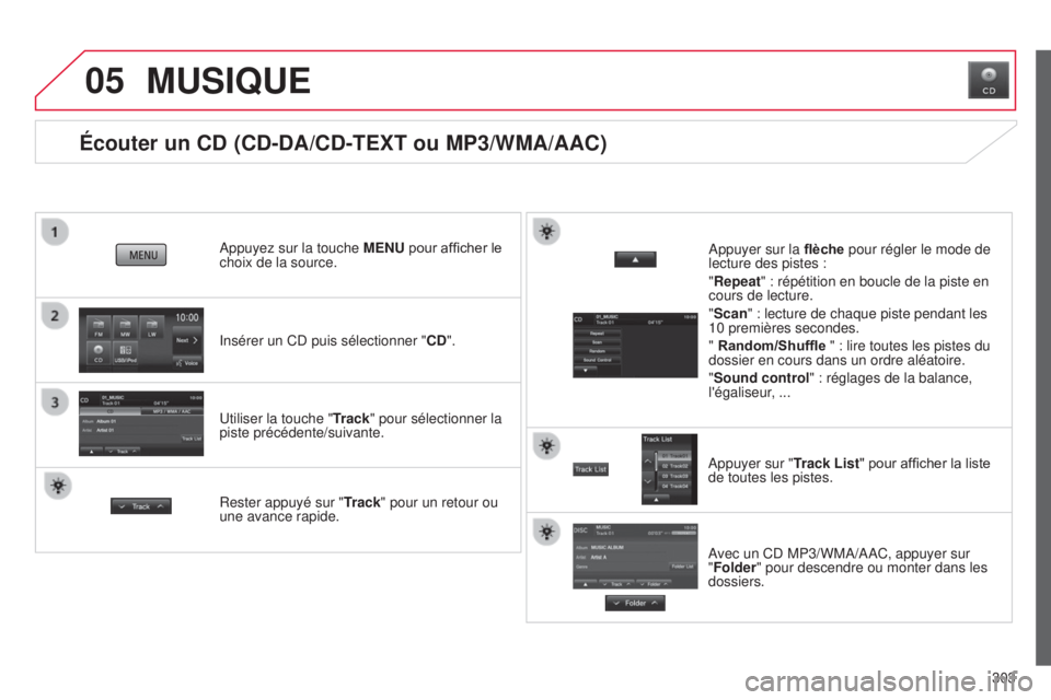 CITROEN C4 AIRCROSS 2016 Notices Demploi (in French) 05
303
Écouter un CD (CD-DA/CD-TEXT ou MP3/WMA/AAC)
insérer un Cd puis sélectionner "CD ".
a
ppuyez sur la touche
MENU pour afficher le
choix de la source.
u
tiliser la touche " Trac CITROEN C4 AIRCROSS 2016 Notices Demploi (in French) 05
303
Écouter un CD (CD-DA/CD-TEXT ou MP3/WMA/AAC)
insérer un Cd puis sélectionner "CD ".
a
ppuyez sur la touche
MENU pour afficher le
choix de la source.
u
tiliser la touche " Trac
