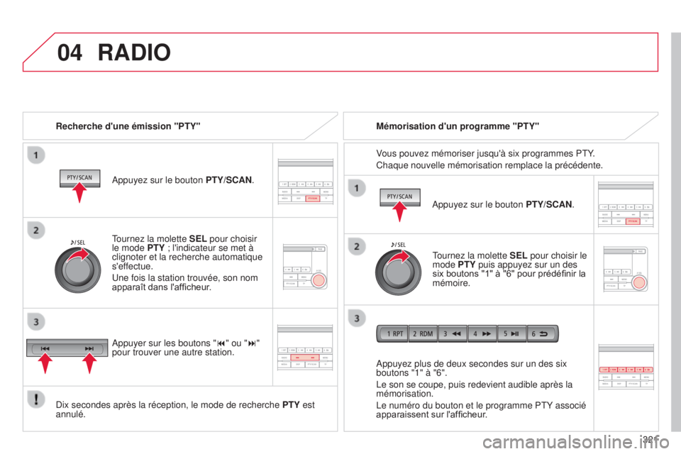 CITROEN C4 AIRCROSS 2016 Notices Demploi (in French) 04
321
RADIO
Recherche d'une émission "PTY"
a
ppuyez sur le bouton PTY/SCAN.
d
ix secondes après la réception, le mode de recherche PTY est
annulé.
a
ppuyez plus de deux seconde CITROEN C4 AIRCROSS 2016 Notices Demploi (in French) 04
321
RADIO
Recherche d'une émission "PTY"
a
ppuyez sur le bouton PTY/SCAN.
d
ix secondes après la réception, le mode de recherche PTY est
annulé.
a
ppuyez plus de deux seconde