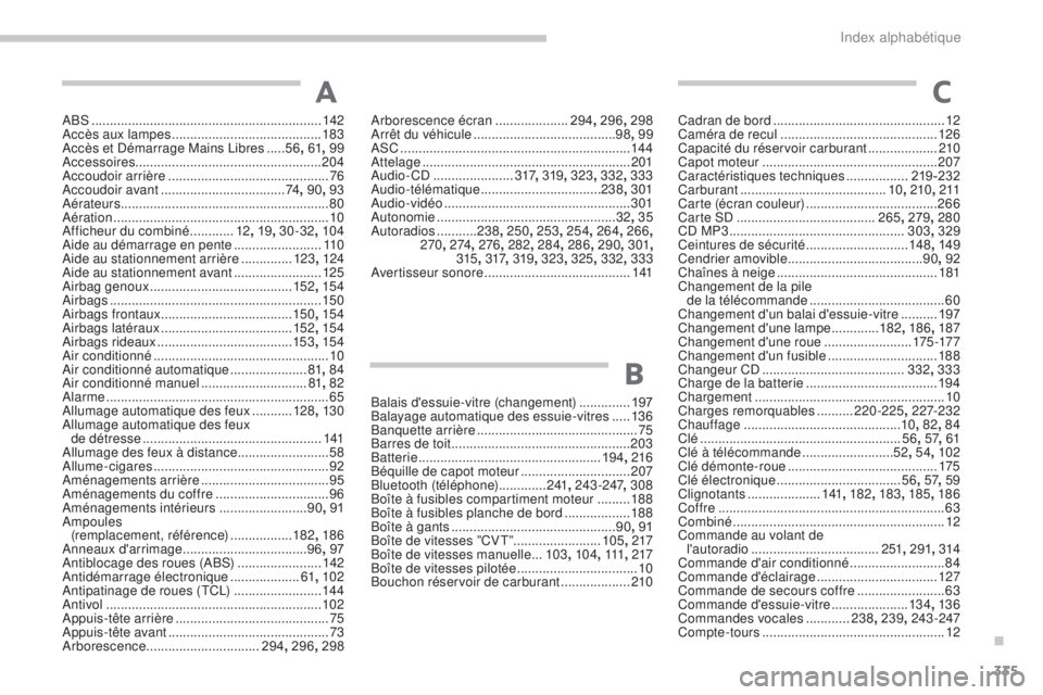 CITROEN C4 AIRCROSS 2016  Notices Demploi (in French) 335
aBs ............................................................... 142ac
cès aux lampes   ......................................... 183
ac

cès et  d
é
 marrage Mains  l
i
 bres   .....56, 61 