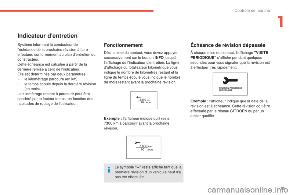 CITROEN C4 AIRCROSS 2016  Notices Demploi (in French) 33
Indicateur d'entretien
système informant le conducteur de 
l'échéance de la prochaine révision à faire 
effectuer, conformément au plan d'entretien du 
constructeur.
Cette échéa