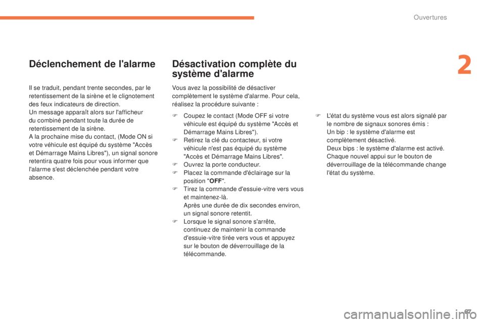 CITROEN C4 AIRCROSS 2016 Notices Demploi (in French) 67
Déclenchement de l'alarme
il se traduit, pendant trente secondes, par le
retentissement de la sirène et le clignotement
des feux indicateurs de direction.
un m
essage apparaît alors sur l& CITROEN C4 AIRCROSS 2016 Notices Demploi (in French) 67
Déclenchement de l'alarme
il se traduit, pendant trente secondes, par le
retentissement de la sirène et le clignotement
des feux indicateurs de direction.
un m
essage apparaît alors sur l&