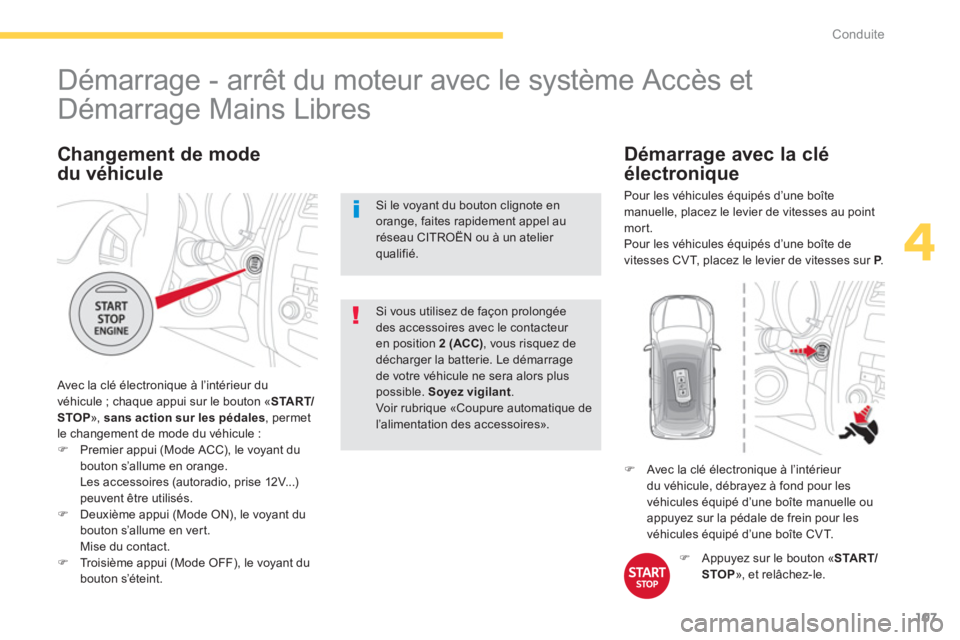 CITROEN C4 AIRCROSS 2013 Notices Demploi (in French) 107
4
Conduite
Démarrage - arrêt du moteur avec le système Accès et
Démarrage Mains Libres
Avec la clé électronique à l’intérieur du
véhicule ; chaque appui sur CITROEN C4 AIRCROSS 2013 Notices Demploi (in French) 107
4
Conduite
Démarrage - arrêt du moteur avec le système Accès et
Démarrage Mains Libres
Avec la clé électronique à l’intérieur du
véhicule ; chaque appui sur
